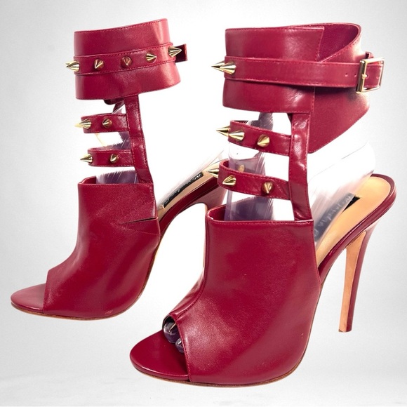 ALEJANDRA G Crimson Leather Studded Gladiator Stiletto Heels | Luxury Designer - Picture 6 of 11